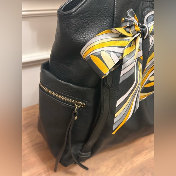 Miztique Black Tote Bag with Scarf Accent and Bag Charm - Picture 4 of 9